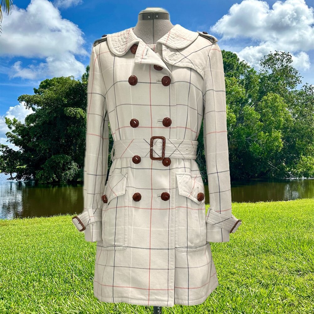 COACH 1941 Plaid Tattersall Thick Cotton Belted Trench Coat Accent Stitching 4